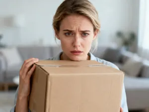 Kobieta trzymająca kartonowe pudełko w jasnym salonie, przygotowująca się do zwrotu zakupów online.